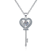 Romantic key heart moissanite necklace in 925 sterling silver with classic pendant design. VVS1 D color 0.5ct stone with GRA certificate party jewelry. - Diamond - Lab
