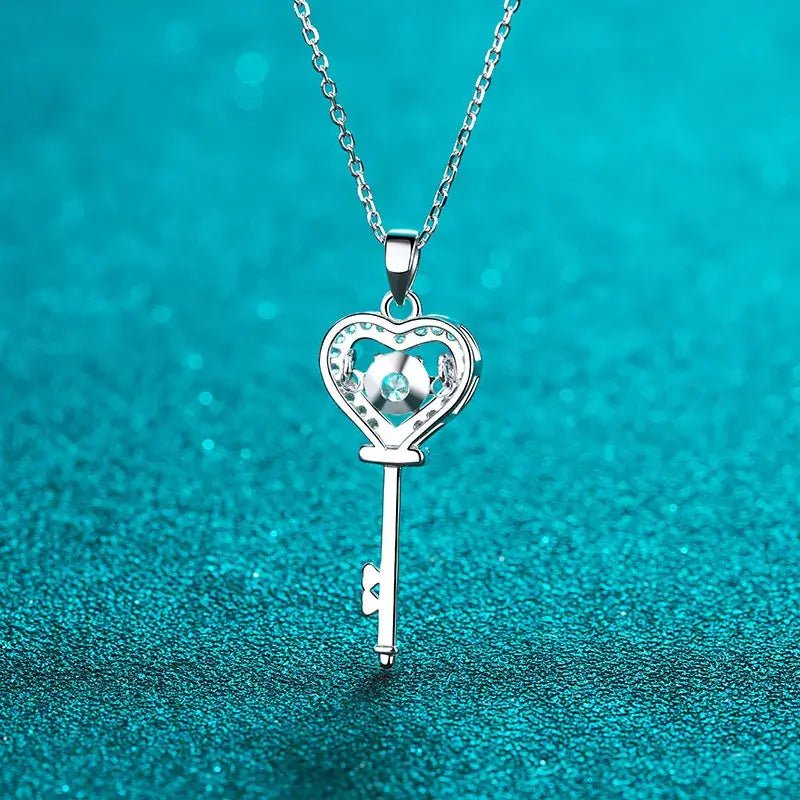 Romantic key heart moissanite necklace in 925 sterling silver with classic pendant design. VVS1 D color 0.5ct stone with GRA certificate party jewelry. - Diamond - Lab