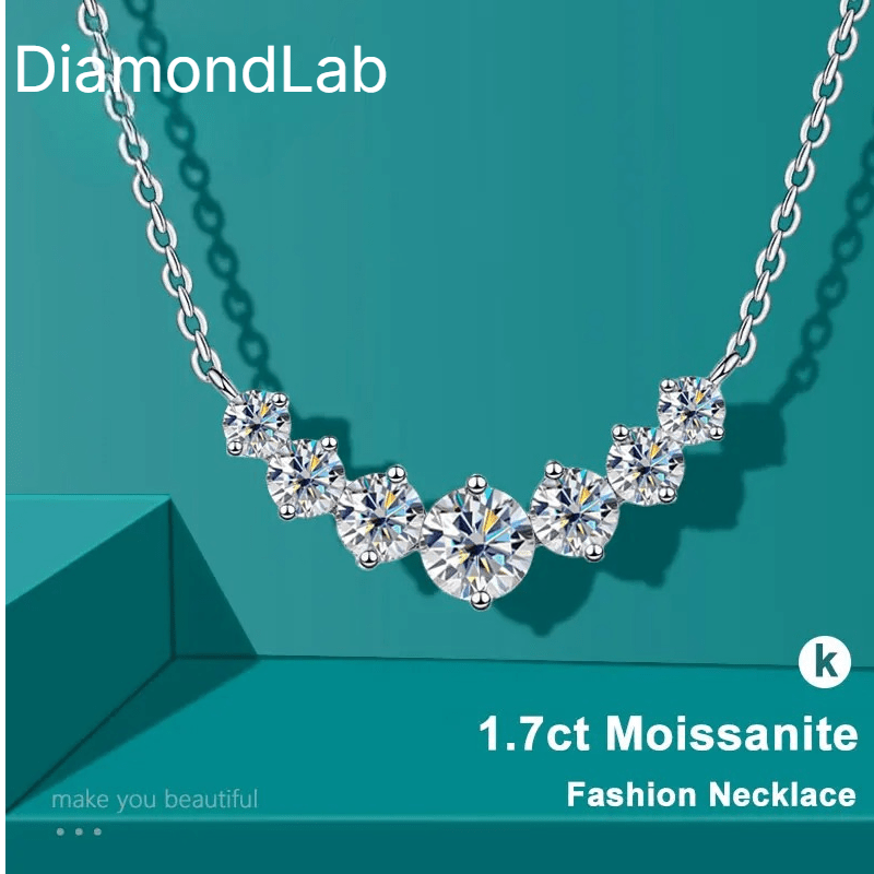 Round Moissanite Necklace 1ct 2ct 3ct VVS1 D Color 925 Sterling Silver 18k White Gold Plated Link Chain Women with GRA Certificate - Diamond - Lab