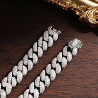 Sterling Silver Chain Bracelet 925 Cuban Link Waterproof Unisex White Gold Plated Zircon Stones Trendy Party Jewelry - Diamond - Lab