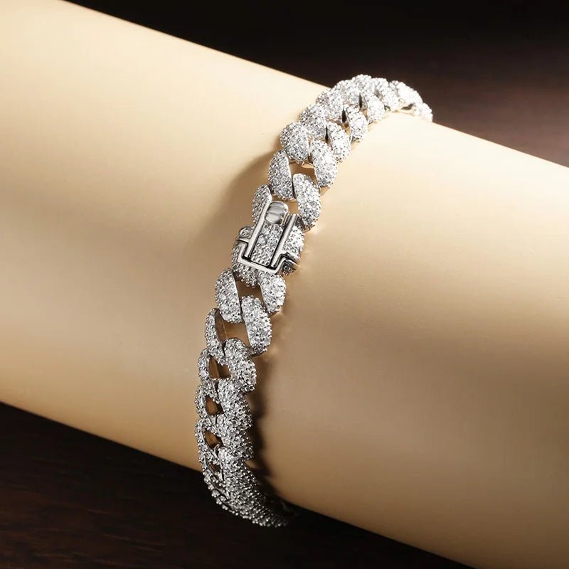 Sterling Silver Chain Bracelet 925 Cuban Link Waterproof Unisex White Gold Plated Zircon Stones Trendy Party Jewelry - Diamond - Lab