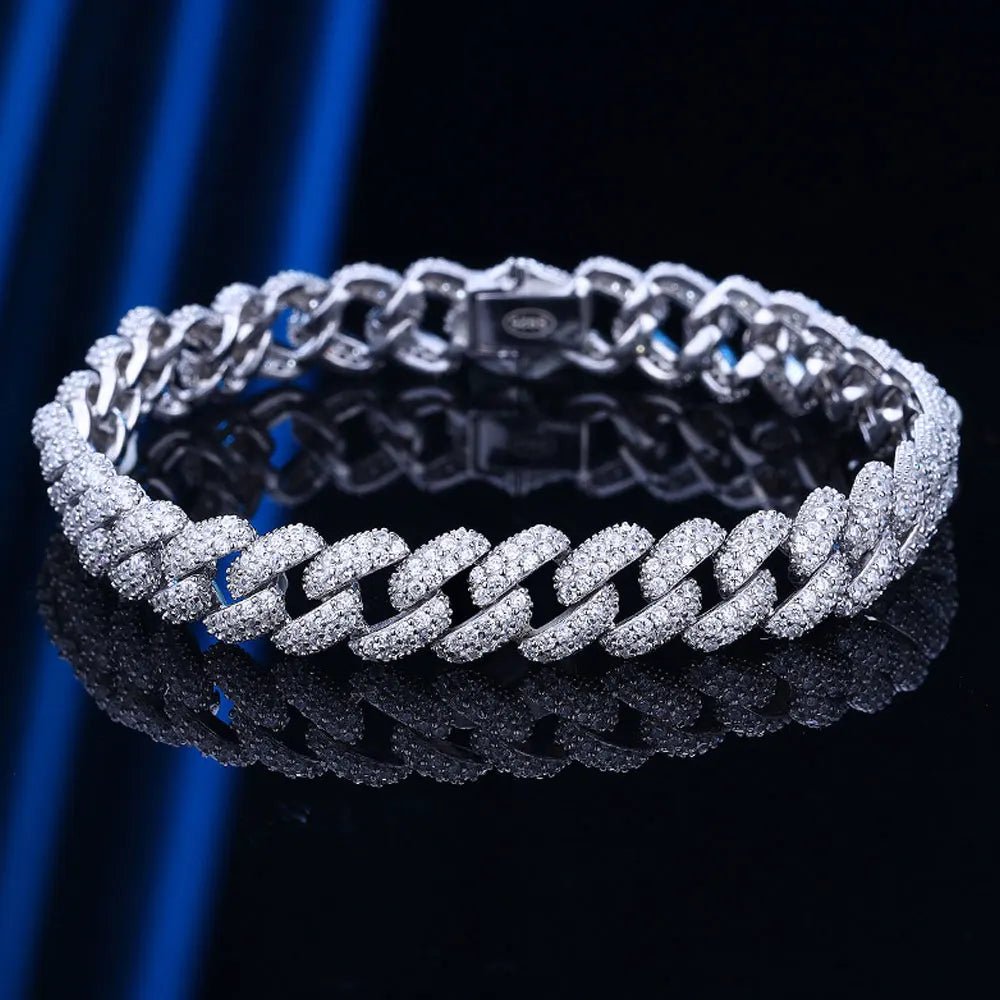 Sterling Silver Chain Bracelet 925 Cuban Link Waterproof Unisex White Gold Plated Zircon Stones Trendy Party Jewelry - Diamond - Lab