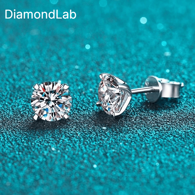 VVS1 D Color Moissanite Stud Earrings 925 Sterling Silver 18K White Gold Plated GRA Certified Round Cut - Diamond - Lab
